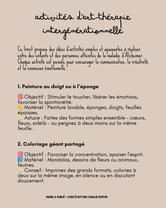 Cahier d'activités d'Art Thérapie intergénérationnelles